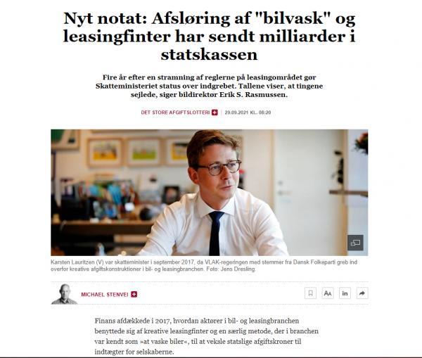 Direktør Erik S. Rasmussen er citeret i Finans vedrørende nyt notat om leasingfirmaerne